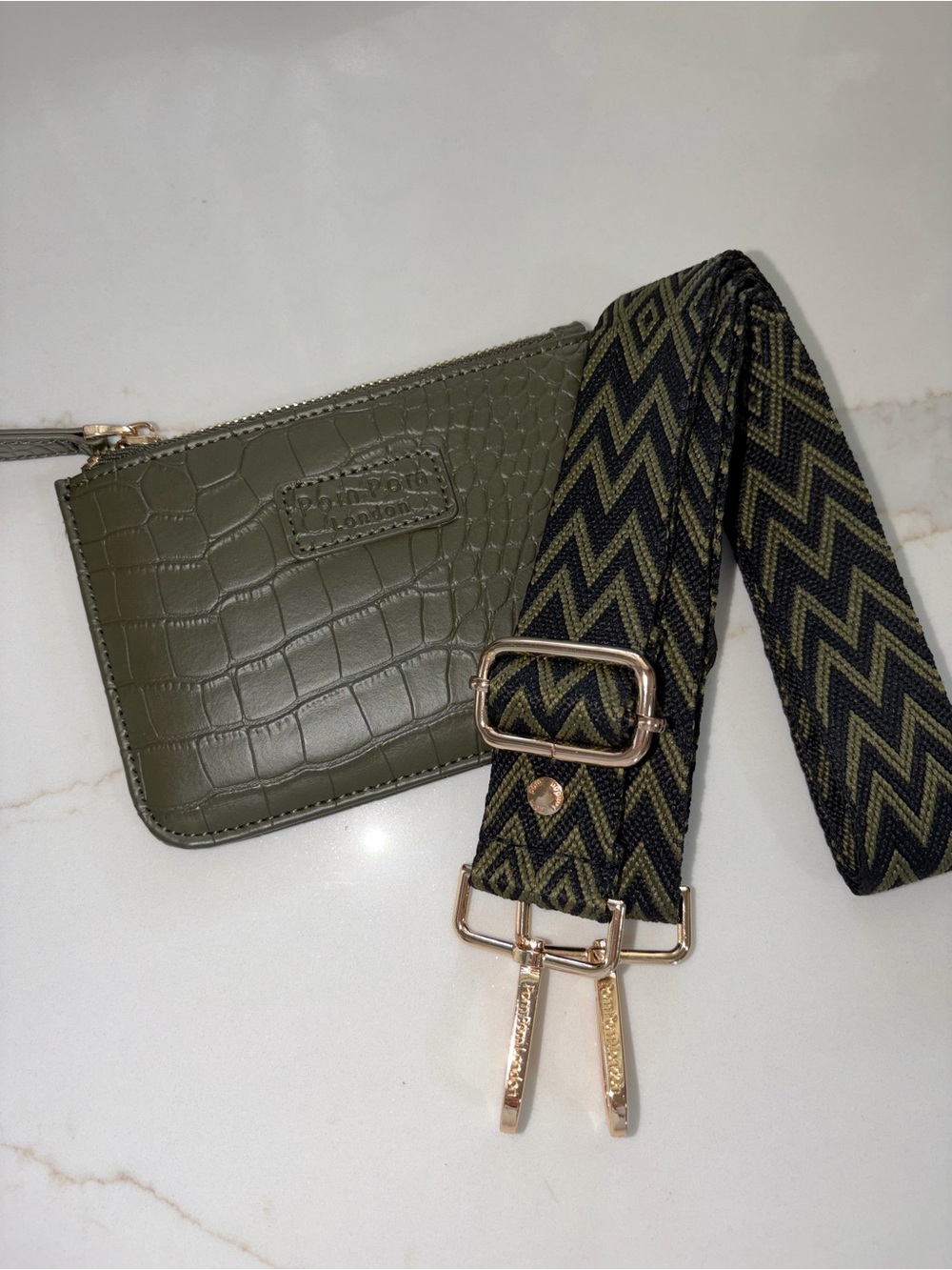 Pom Pom London Olive green croc coin purse + Chevron zig zag Strap bundle NWT